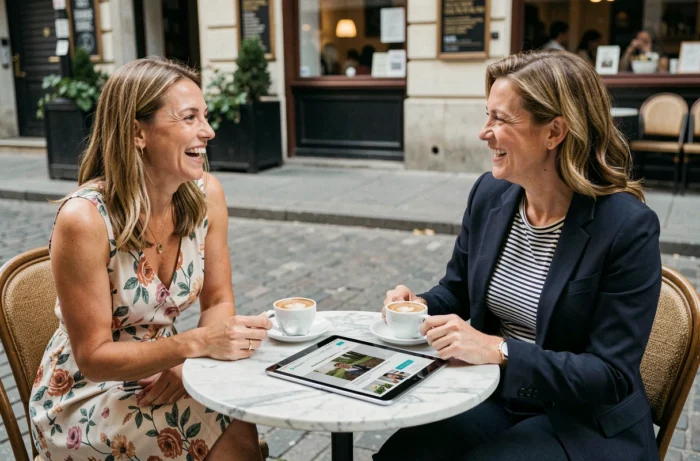 Deux femmes discutant d'un magazine en ligne féminin autour d'un café en terrasse