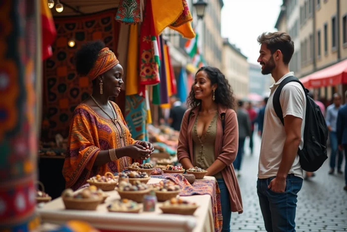 Femme africaine en tenue traditionnelle tenant un stand artisanal lors d'un festival multiculturel en plein air dans une ville européenne