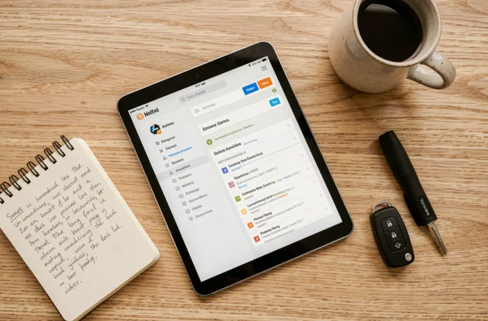 Vue de dessus d'une tablette affichant le sitemap d'un blog automobile sur un bureau avec accessoires de navigation