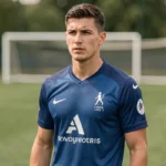 Portrait d'un jeune footballeur professionnel en maillot de Ligue 1 sur un terrain d'entraînement, illustrant l'identité sportive et la nationalité d'un joueur français