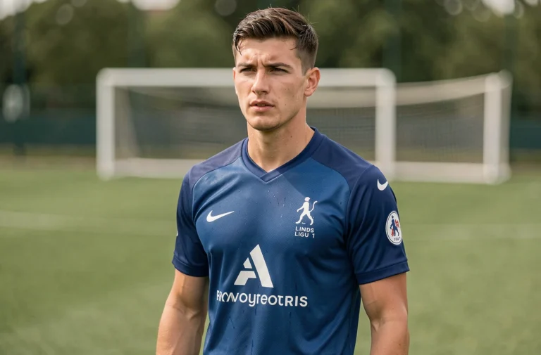 Portrait d'un jeune footballeur professionnel en maillot de Ligue 1 sur un terrain d'entraînement, illustrant l'identité sportive et la nationalité d'un joueur français