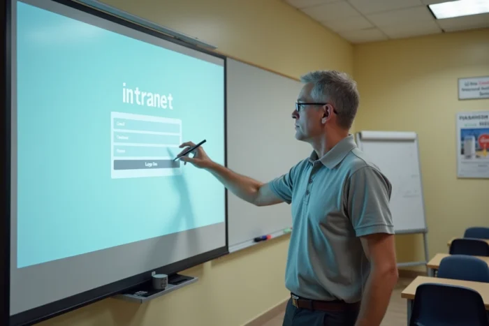 Formateur MFR présentant la procédure de connexion à l'intranet sur un tableau interactif