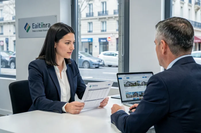 Femme discutant des frais d'achat immobilier avec un agent dans une agence moderne