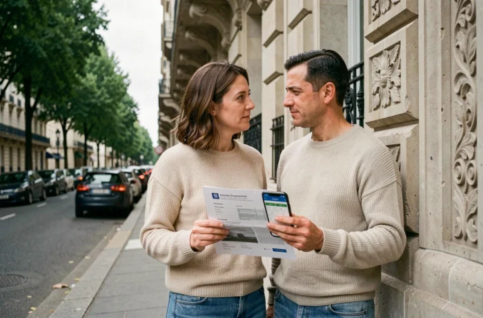 Couple évaluant les frais d'acquisition devant un immeuble haussmannien à Paris
