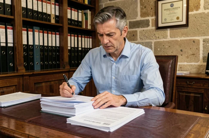 Homme consultant des documents notariaux lors d'une acquisition immobilière en France