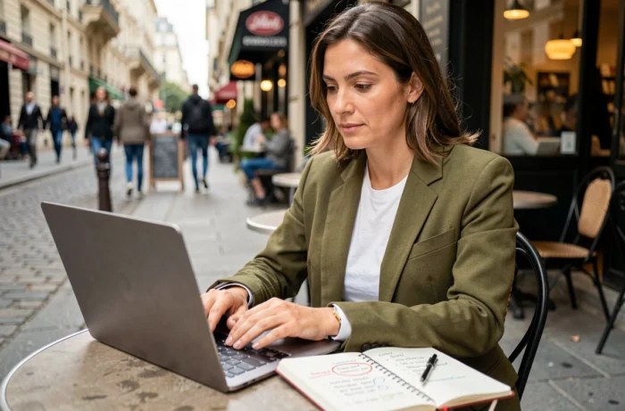 Femme freelance travaillant sur son développement commercial en terrasse de café avec ordinateur portable et carnet de notes