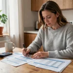 Femme gérant son budget personnel avec des feuilles de calcul et une calculatrice sur une table en bois dans une cuisine moderne