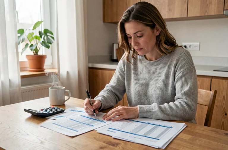 Femme gérant son budget personnel avec des feuilles de calcul et une calculatrice sur une table en bois dans une cuisine moderne