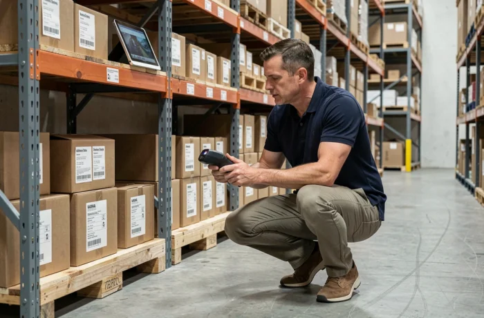 Gestionnaire de stock e-commerce vérifiant l'inventaire dans un entrepôt organisé avec tablette et scanner