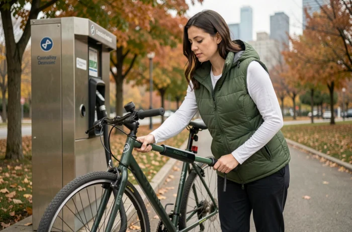 Femme gonflant le pneu de son vélo gratuitement à une borne à air publique en ville