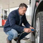 Homme gonflant un pneu de voiture gratuitement à une station-service avec un gonfleur automatique
