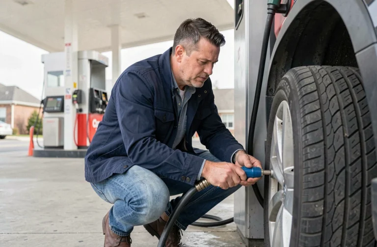 Homme gonflant un pneu de voiture gratuitement à une station-service avec un gonfleur automatique