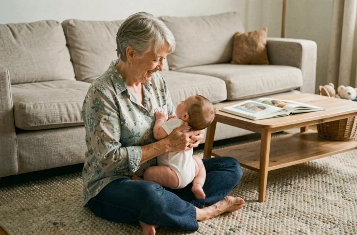 Grand-mère jouant avec son petit-enfant de quatre mois sur un tapis douillet dans un salon familial chaleureux