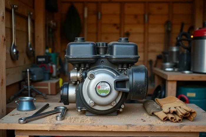 Gros plan du moteur thermique d'une tondeuse avec ses caractéristiques techniques visibles sur l'établi