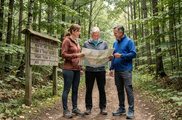 Groupe d'adultes consultant une carte de randonnée à l'entrée d'un sentier forestier, loisir gratuit en plein air en famille ou entre amis
