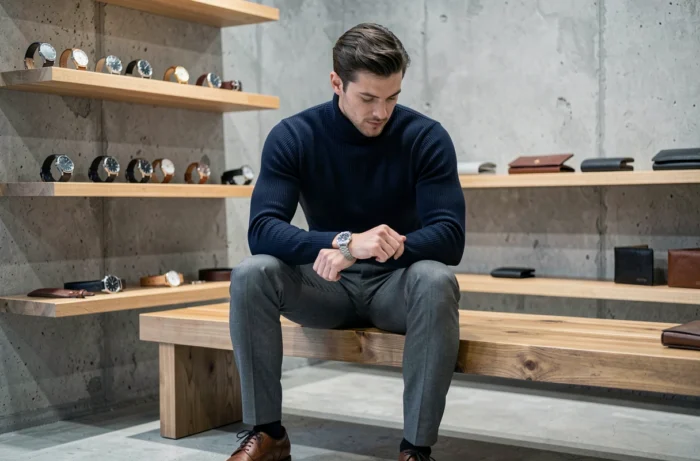 Homme élégant examinant une montre automatique dans un concept store minimaliste entouré d'accessoires en cuir et d'une ambiance contemporaine