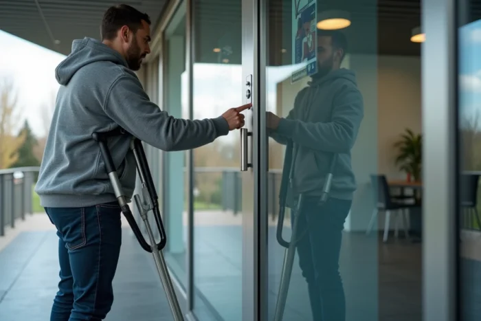 Homme utilisant des béquilles et actionnant un bouton d'ouverture automatique de porte accessible PMR