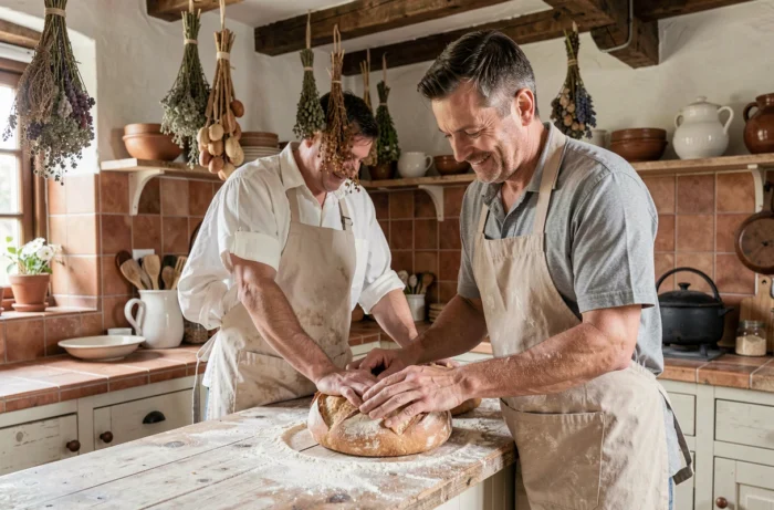 Homme façonnant un pain au levain artisanal dans une cuisine rustique de campagne, activité créative et passion culinaire