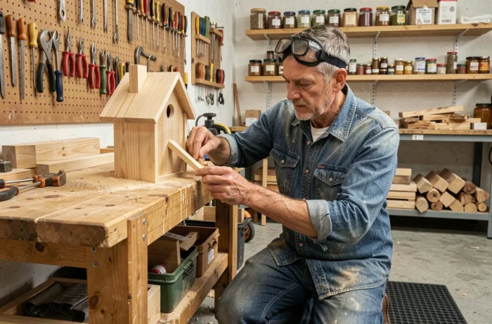 Homme assemblant une maison d'oiseaux en bois sculpté dans un atelier de bricolage artisanal