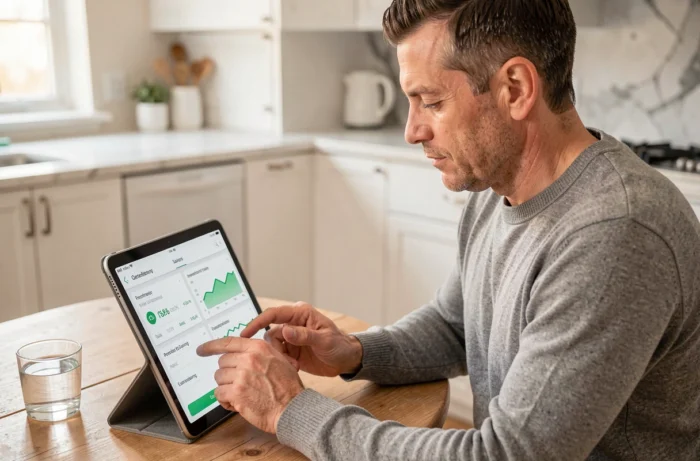 Homme consultant une application de gestion budgétaire personnelle sur tablette dans une cuisine contemporaine
