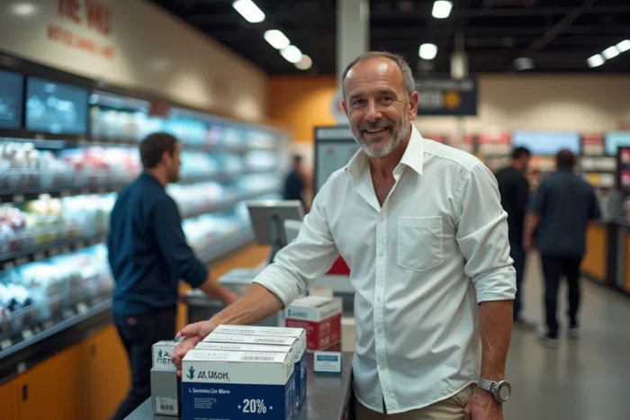 Homme passant des vêtements Armor Lux en caisse lors d'une opération promotionnelle chez Intermarché