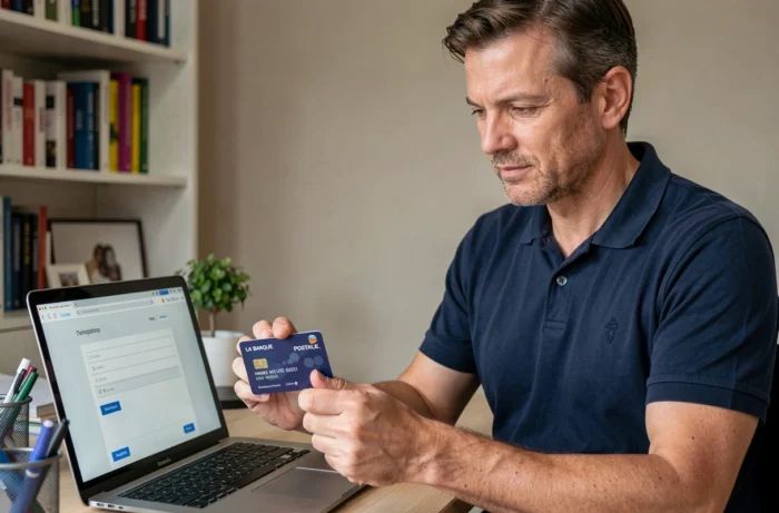 Homme tenant sa carte bancaire La Banque Postale en cherchant son identifiant sur l'espace client en ligne