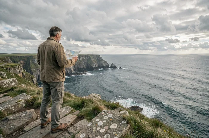 Homme avec une carte contemplant un panorama côtier lors d'une randonnée de voyage