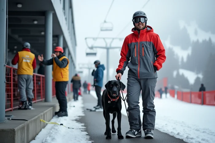 Homme avec labrador noir attendant de monter dans un télésiège avec aide du personnel de la station de ski