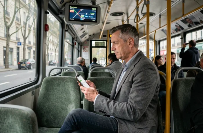 Homme consultant l'affichage des correspondances de bus à l'intérieur d'un bus parisien