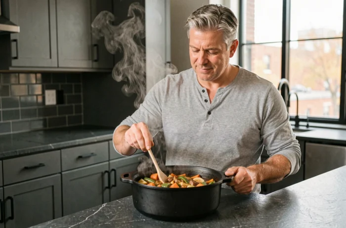 Homme d'âge moyen remuant un ragoût de légumes mijotant dans une cocotte en fonte dans une cuisine moderne d'appartement urbain