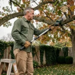 Homme utilisant une élagueuse à perche sans fil pour tailler une branche de chêne dans un jardin résidentiel en automne