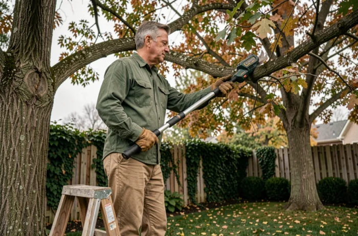 Homme utilisant une élagueuse à perche sans fil pour tailler une branche de chêne dans un jardin résidentiel en automne