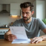 Un homme examine attentivement une facture Free Mobile imprimée dans sa cuisine moderne, illustrant les changements de forfaits mobiles