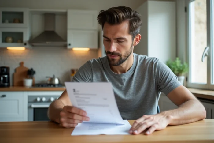 Un homme examine attentivement une facture Free Mobile imprimée dans sa cuisine moderne, illustrant les changements de forfaits mobiles