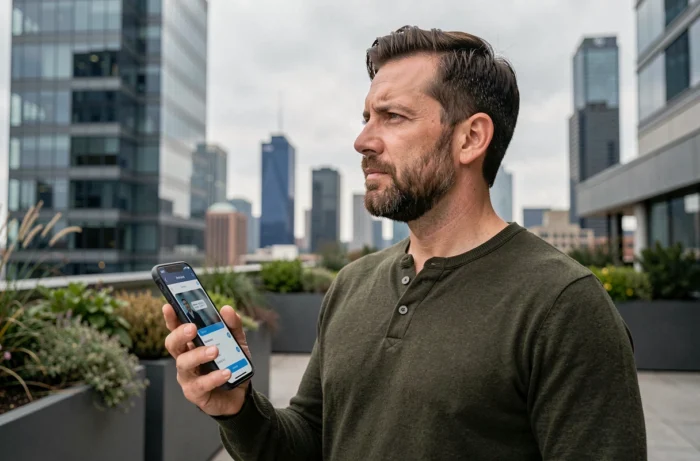 Homme sur un toit urbain consultant une interface d'intelligence artificielle sur smartphone avec vue sur la ville