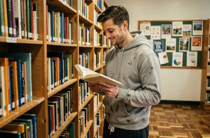 Jeune homme lisant dans une bibliothèque de quartier, activité culturelle gratuite accessible près de chez soi