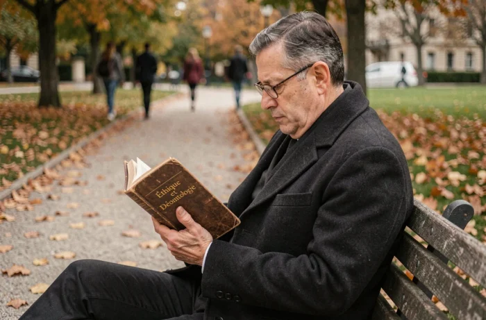 Homme lisant un livre sur l'éthique et la déontologie assis sur un banc dans un parc en automne, ambiance réflexive