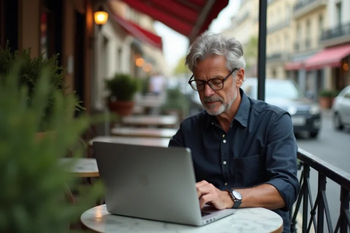 Homme lisant des poèmes sur un ordinateur portable en terrasse de café parisien