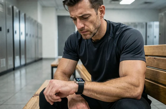 Homme consultant sa montre connectée de santé dans un vestiaire de salle de sport après l'entraînement