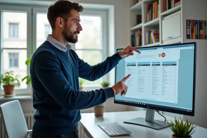 Homme d'âge moyen explorant un plan de site de formations professionnelles sur grand écran dans un bureau à domicile