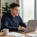 Homme naviguant sur un site de téléchargement depuis son bureau à domicile en 2024