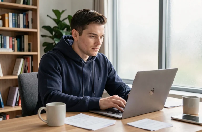 Homme naviguant sur un site de téléchargement depuis son bureau à domicile en 2024