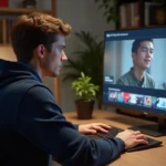 Jeune homme naviguant sur une plateforme de streaming vidéo en ligne depuis son bureau à domicile