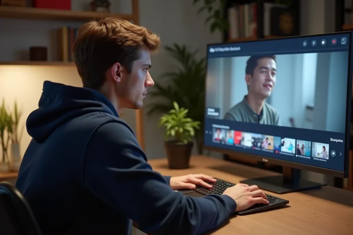 Jeune homme naviguant sur une plateforme de streaming vidéo en ligne depuis son bureau à domicile
