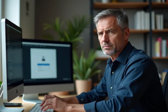 Homme face à un problème de connexion sur My Arkevia avec un message d'erreur affiché sur l'écran de son ordinateur