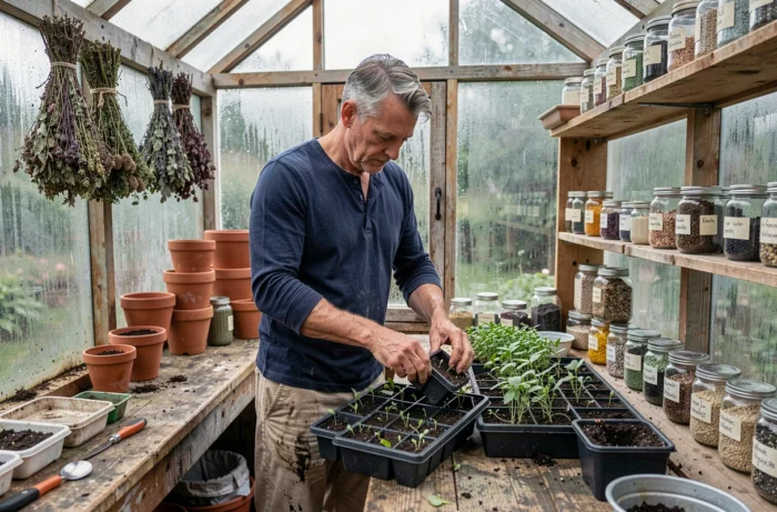 Homme organisant des plateaux de semis dans une petite serre de jardin potager biologique maison