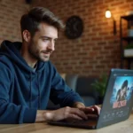 Jeune homme naviguant sur un site de streaming vidéo depuis son bureau à domicile avec un laptop ouvert