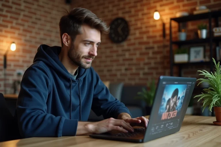 Jeune homme naviguant sur un site de streaming vidéo depuis son bureau à domicile avec un laptop ouvert