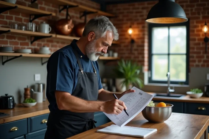 Homme consultant un tableau de conversion de poids dans une cuisine rustique avec marmites en cuivre et carnet de recettes