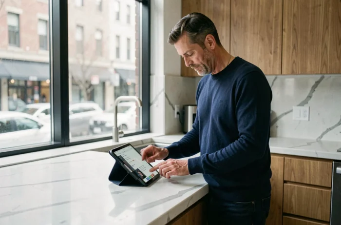 Homme utilisant une tablette pour naviguer sur le guide pratique du site Albrad dans une cuisine moderne